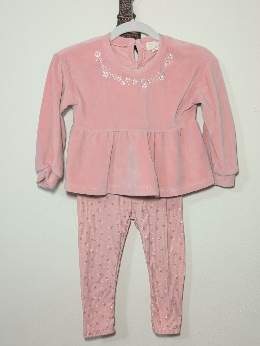 Btween Girls 2-Piece Pink Velour Peplum Top & Leggings Set Cottagecore Size 24M